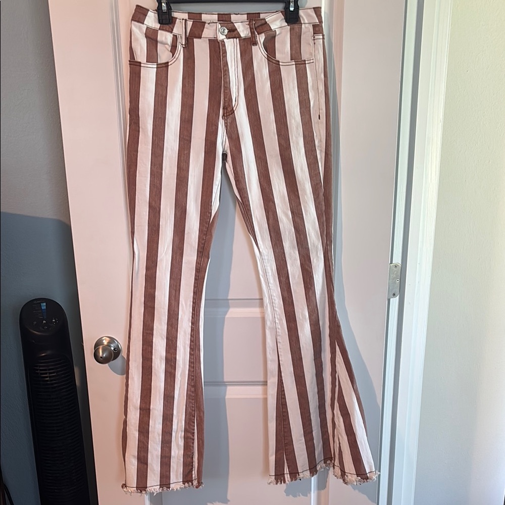 Striped Brown and White Women Bell Bottom Jeans